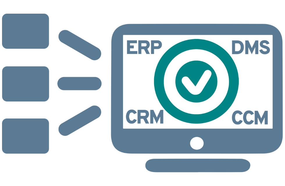 Symbolgrafik visualisiert den automatisierten Dokumentenverarbeitungsprozess in der NOVO CxP‑Plattform für ERP, DMS, CRM und CCM.